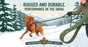 Product packaging for a waterproof biothane leash with bilingual English and French labelling, designed for Canadian pet owners.