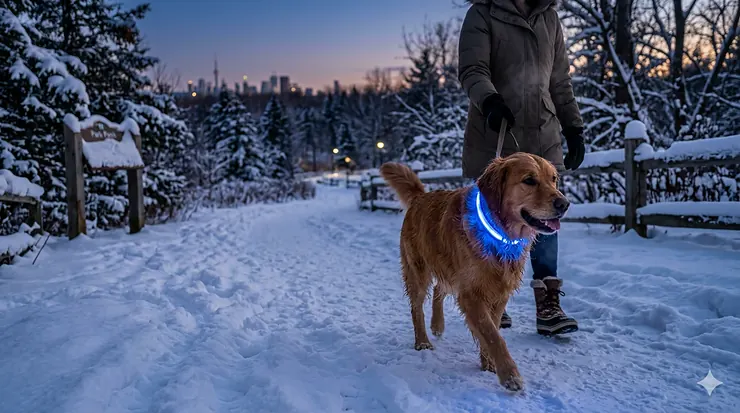 A Golden Retriever wearing a bright blue LED dog collar for Canadian winter walks in a snowy park with the Toronto skyline in the background at twilight.