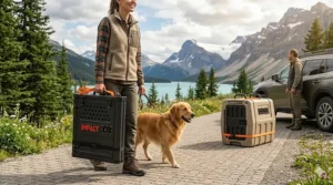 An illustration of a pet owner easily moving a collapsible Impact crate compared to the stationary rotomolded Gunner kennel design.