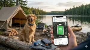 An icon-style illustration of a GPS dog collar with a 10-day battery life indicator, ideal for long camping trips in Ontario.