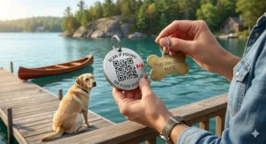 A photorealistic illustration of a woman using a tablet to manage a pet profile for a Golden Retriever, showing bilingual English and French fields for vaccines and medications linked to a secure QR code dog tag in Canada.