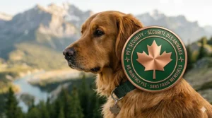 A detailed, photorealistic 4K close-up portrait of the Golden Retriever from image_0.png, looking safe and calm, with a very soft bokeh background of the distinct Canadian Rocky Mountains. Positioned over the dog's shoulder is a premium circular badge crafted from copper and green enamel. The badge features a stylized maple leaf and embossed bilingual text: 'PET SECURITY - SÉCURITÉ DES ANIMAUX' and 'NO MONTHLY FEE - SANS FRAIS MENSUELS'. Natural golden hour light illuminates the badge textures and the dog's fur.