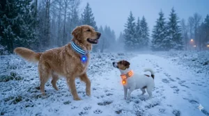 Two dogs wearing different colored reflective dog collars for dark mornings while playing in a foggy park.