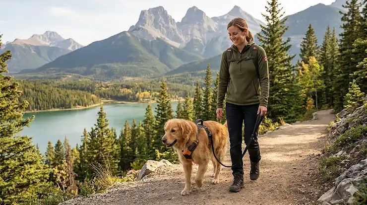 A happy Golden Retriever wearing a durable no pull dog harness while hiking a scenic mountain trail in Alberta, Canada.