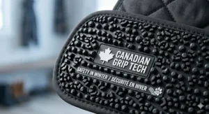 Close-up of "Canadian Grip Tech" non-slip backing on a dog car seat cover for pet safety on icy winter roads.