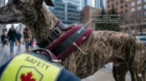 Close-up illustration of fleece-lined padding designed to protect sensitive greyhound skin from chafing during long walks.