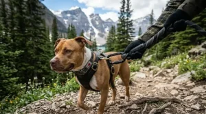 Illustration of a dual-handle heavy duty leash for pitbulls, showing the short-control traffic handle for city walks.