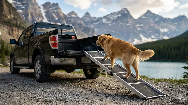 A large dog using a portable dog ramp for trucks during a camping trip in the Canadian Rockies.