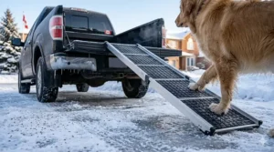 Anti-slip portable dog ramp for trucks being used on a snowy driveway in Toronto.