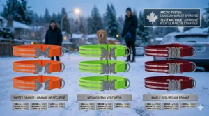 Multiple color options for a reflective dog collar for dark mornings, including high-visibility orange and neon green.