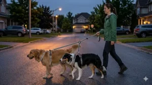 High-visibility double dog leash coupler for two dogs with reflective stitching for safe nighttime walking in urban Canadian neighborhoods.