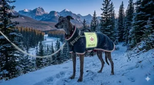 Close-up of reflective stitching on a greyhound harness, providing visibility during early Canadian winter sunsets.