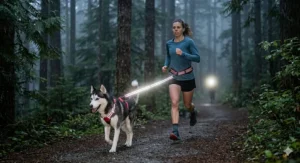 A photorealistic illustration of the hands-free running leash glowing with bright reflective safety strips in the cool blue twilight of a Canadian West Coast forest trail.