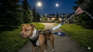 Illustration of a heavy duty leash with 3M reflective stitching for safe night walking in Canadian suburban areas.