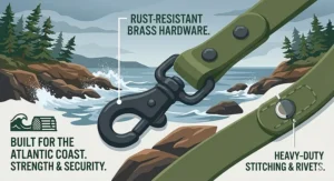 Illustration of a reflective waterproof biothane leash for high visibility during dark Canadian winter evenings.