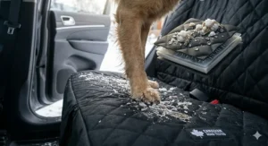 Durable dog car seat cover protecting vehicle upholstery from wet paws, road salt, and winter debris in Canada.