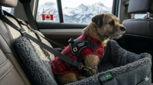 Close-up illustration of the safety harness attachment on a heated dog car seat designed for icy road conditions in Canada.