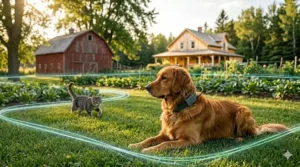 A photorealistic 4K technical illustration presented as a transparent digital interface overlay on a rustic wooden desk, with a blurred Golden Retriever from image_0.png resting in the background. The interface shows a simplified diagram of a 'MAPLE' GPS collar sending direct, multi-path satellite icons directly to space-based satellite icons labeled 'GLOBAL GPS/GNSS NETWORK.' A text description panel confirms 'NO SIM CARD' and 'DIRECT SATELLITE CONNECTION FOR REMOTE CANADA TRACKING - NO MONTHLY FEES.' Data flow lines show no intermediate terrestrial networks.