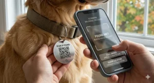 A photorealistic close-up illustration showing a smartphone scanning a metal QR code dog tag in natural daylight. The phone screen displays a clear, bilingual (English/French) 'FINDER PORTAL' with options to 'CALL OWNER' and 'SHARE LOCATION', demonstrating pet safety for Canadian owners.