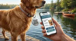 A photorealistic close-up illustration showing a smartphone successfully scanning a secure QR code dog tag in natural daylight. The phone screen displays a bilingual 'FINDER PORTAL' in English and French, emphasizing data privacy and safe pet recovery in Canada.