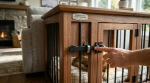 Safety feature illustration of a secure locking mechanism on a decorative furniture dog crate table.