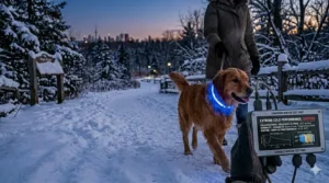 Infographic with "Safety First / La Sécurité d'Abord" showing an LED dog collar glowing through thick Canadian snow.