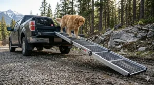 An older Labrador using a portable dog ramp for trucks to avoid joint strain during a vet visit.