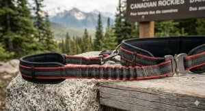 A highly detailed, close-up photograph illustrating the bungee shock-absorbing section of the hands-free running leash for trail running, showing the heavy-duty nylon webbing stretched under tension.