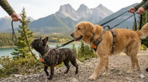 Comparison showing a French Bulldog and a Labrador both wearing appropriately sized no pull dog harnesses.