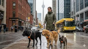 Illustration of a dog owner confidently walking their pet on a busy sidewalk using a secure no pull dog harness.