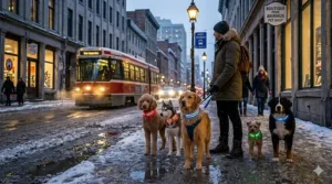 A dog and owner walking safely on a dim city street wearing a reflective dog collar for dark mornings in Canada.