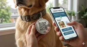 A photorealistic illustration capturing a Bernese Mountain Dog sitting in a Montreal park, wearing a scannable QR code dog tag. The scene highlights the peace of mind and urban pet safety provided by the tag in busy Canadian cities.