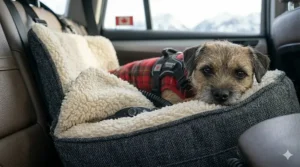 Detailed view of the plush, insulated lining of a heated dog car seat for cold weather, perfect for Quebec winters.