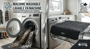 Machine washable dog car seat cover with bilingual English and French text highlighting salt and mud removal.
