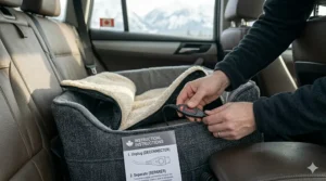 Illustration of a removable, washable cover for a heated dog car seat, designed to handle Canadian winter salt and slush.