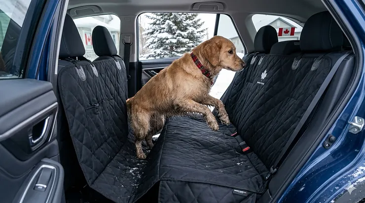 A muddy Golden Retriever entering an SUV protected by a waterproof dog car seat cover during a snowy Canadian winter. waterproof dog car seat cover Canada winter