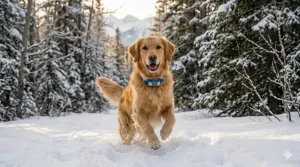 Illustration of a dog playing in deep Canadian snow, highlighting the waterproof and cold-resistant GPS tracker.