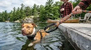 A waterproof, odor-resistant heavy duty leash for pitbulls, perfect for swimming in Canadian lakes and cottage trips.