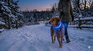 Close-up of an IP68 waterproof LED dog collar resistant to slush, ice, and heavy Canadian snowfall.