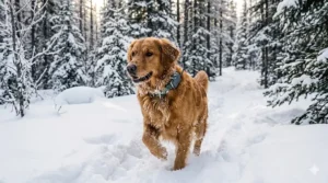 A detailed 4K photograph captures the Golden Retriever from image_0.png running energetically through deep, pristine snow in a boreal forest in Ontario, Canada, during mid-winter. The dog is caked in snow and ice, but the identical dark-green 'MAPLE' GPS collar and 'NO FEE' metal maple leaf tag are clearly visible, securely attached and functioning. Diffused, weak winter sunlight filters through dense, snow-laden evergreen trees, highlighting the rugged durability of the device in harsh Canadian conditions.
