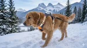 A dog walking through deep snow wearing a reflective no pull dog harness for safe winter walks in Canada.