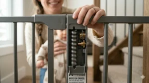 Graphic showing the 90-degree auto-close hinge mechanism ensuring the pressure mounted gate stays shut.