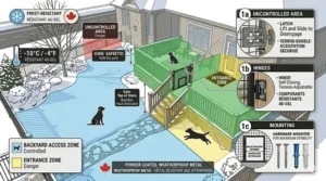 Color-coded backyard schematic illustration mapping pet safety zones on a Canadian deck, controlled by a hardware-mounted outdoor dog gate for deck stairs at critical access points.