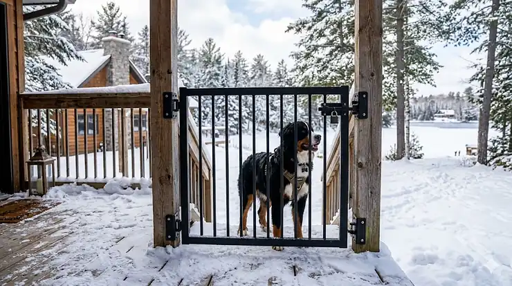 A durable black metal outdoor dog gate installed on a snow-covered cedar deck in a Canadian backyard during winter.