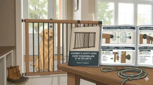 Illustration of a pressure mounted dog gate with a bilingual English and French safety assembly guide for Canadian consumers.
