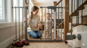 Technical drawing highlighting the correct placement of a pressure mounted gate at the bottom of stairs for infant safety.