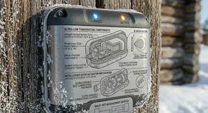 A weatherproof digital hub displaying real-time diagnostics, battery performance metrics at -40°C, and technical schematics for a dual-motor intelligent pet door system.