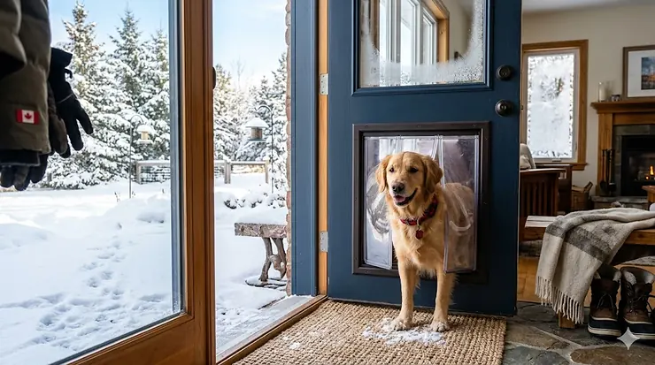 A happy Golden Retriever looking through an insulated dog door for extreme cold weather installed in an entry door of a snowy Canadian home.