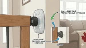Close-up illustration of rubberized wall protectors on a pressure mounted dog gate to prevent damage to home interiors.