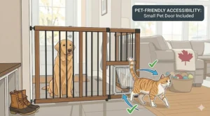 A pressure mounted dog gate featuring a small pet door, allowing cats through while keeping dogs secure.